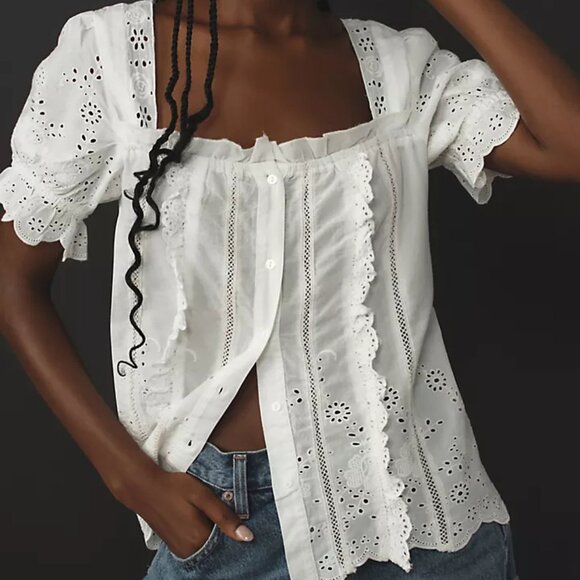 By Anthropologie Puff-Sleeve Eyelet Top *NWOT* - Picture 1 of 2